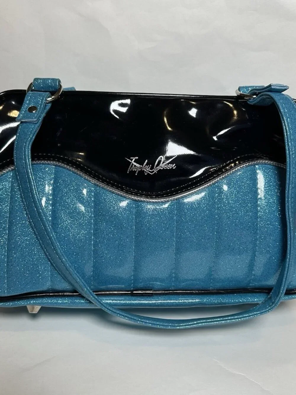 OOAK Trophy Queen Tuck and Roll Tote Blue Black Leopard Print Leather Hot Rod - Picture 2 of 13